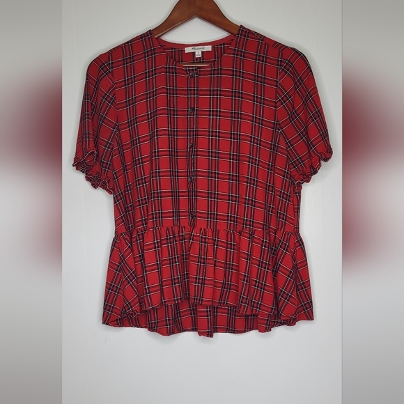 MADEWELL Red Plaid Ruffled Top. Button up. Ladies Size Medium. - Picture 2 of 15